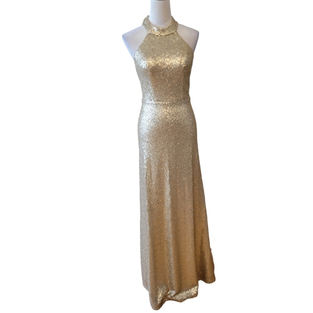 Revelry Gold Sequin "Tori" Halter Neck Long Evening Gown Size 4 - Picture 3 of 6